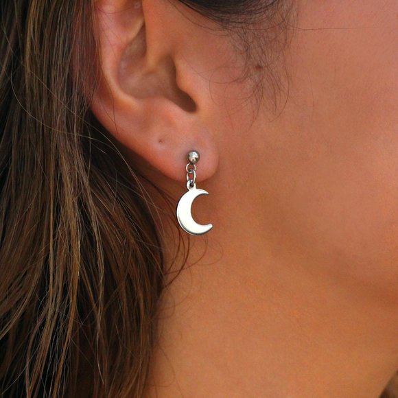 Moon Dangling Ball Stud Stainless Steel Earrings - Picture 1 of 2